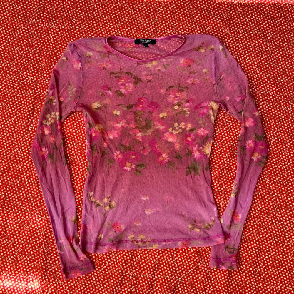 Karen Kane Lifestyle Pink Floral Mesh Long Sleeve Top Womens Medium M Twee Indie